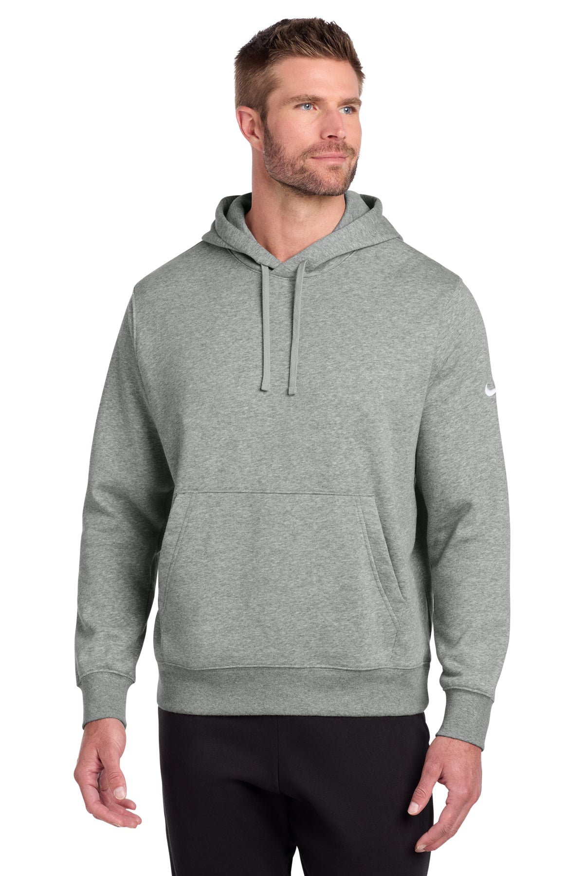 Nike NKDR1499 Club Fleece Sleeve Swoosh Pullover Hoodie in Dark Grey Heather