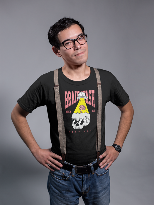 nerdy guy in black t-shirt