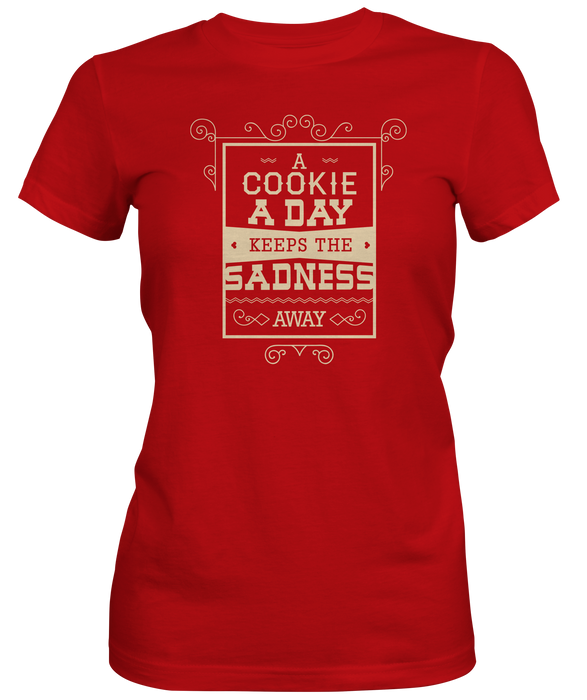 Red Ladies short sleeve Tee with cookie slogan
